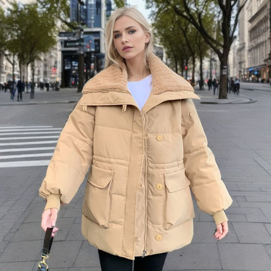 Femme blonde portant doudoune oversize Hoally avec grand col en fausse fourrure, style chic urbain en ville